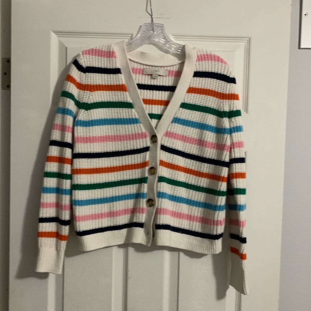 LOFT Cream Cardigan with Multicolor Stripes (Pink, Orange, Green, Blue, Navy)